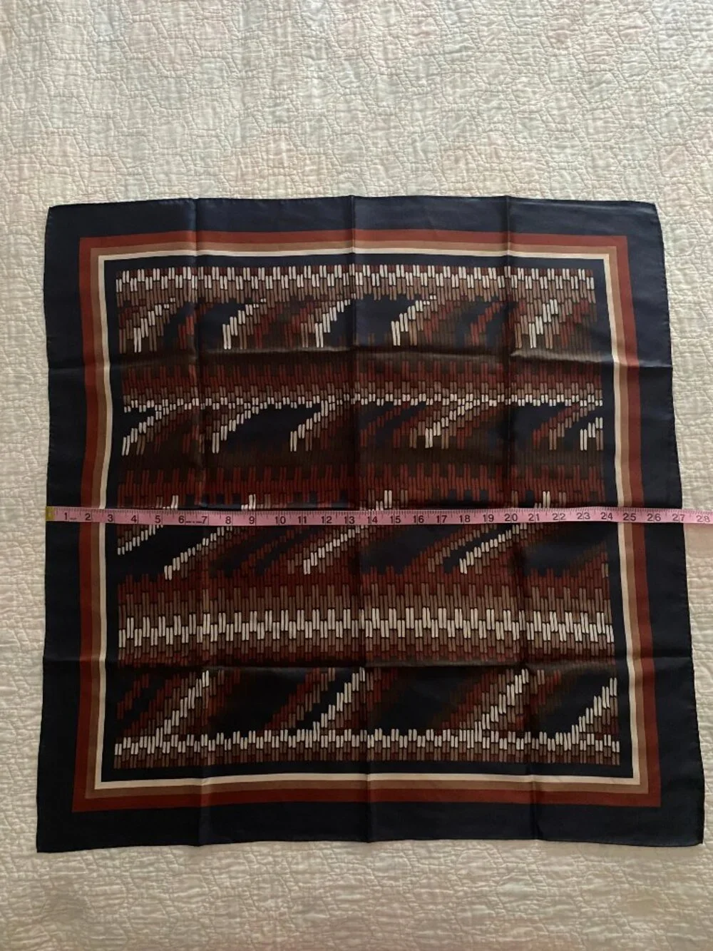 Vintage Square Scarf - Navy Rust Brown Cream Geometric Print - Silky Satin Look